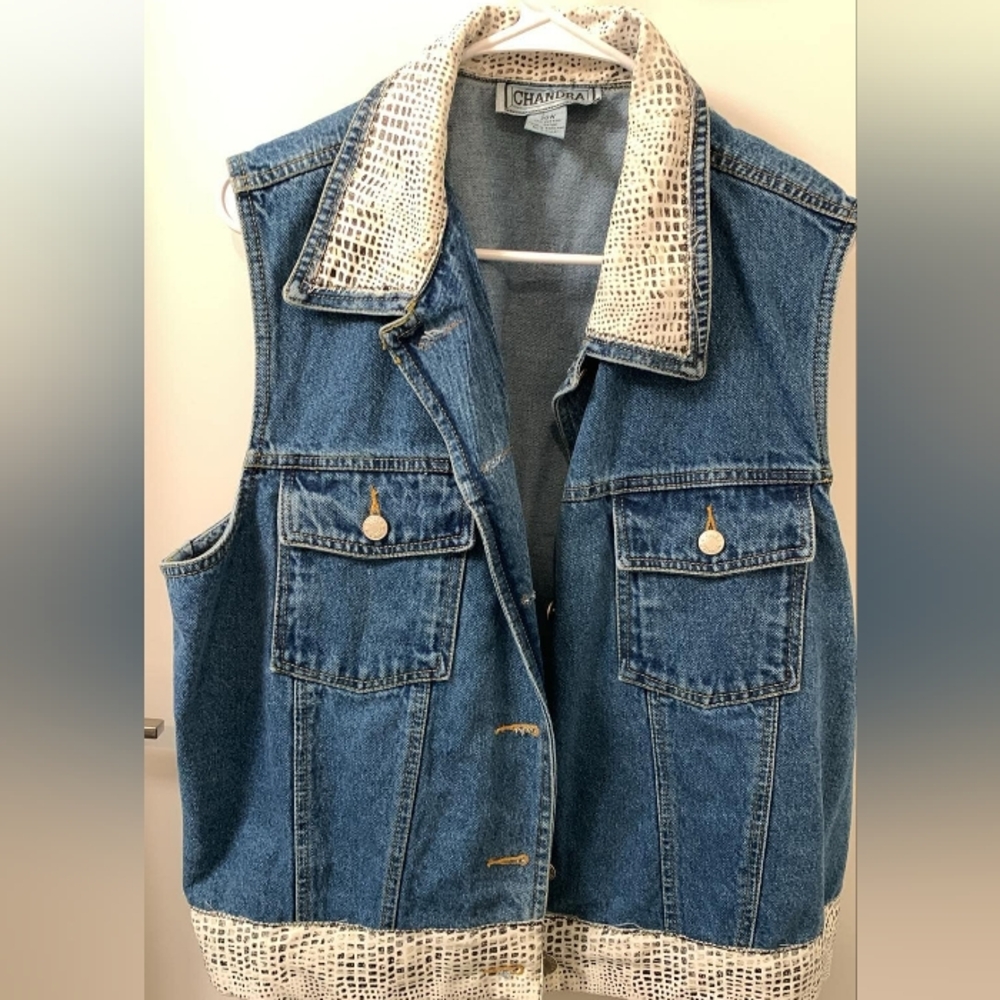 Vintage Chandra Denim Vest with White and Black Accents Size 20W